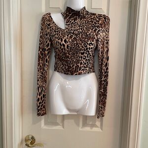 Bar III Leopard Print Cut-Out Mock Neck Crop Top XS EUC